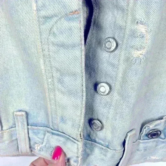Zara Jean Jacket Sleeveless Distressed Button Front Pockets Collar Light Wash M - Picture 5 of 13